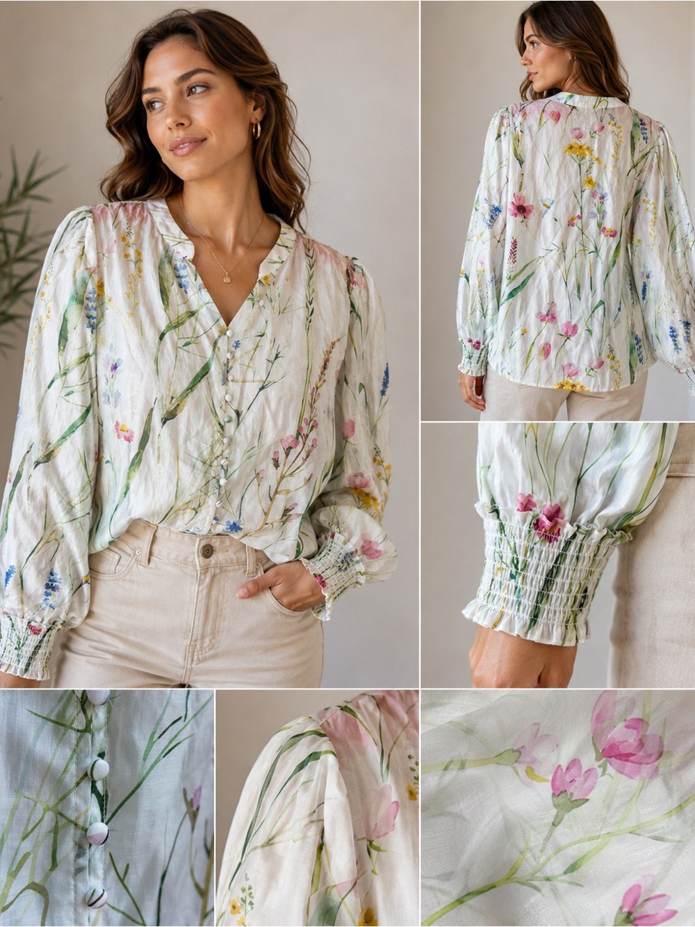 Floral V-Neck Long-Sleeve Blouse in Cream